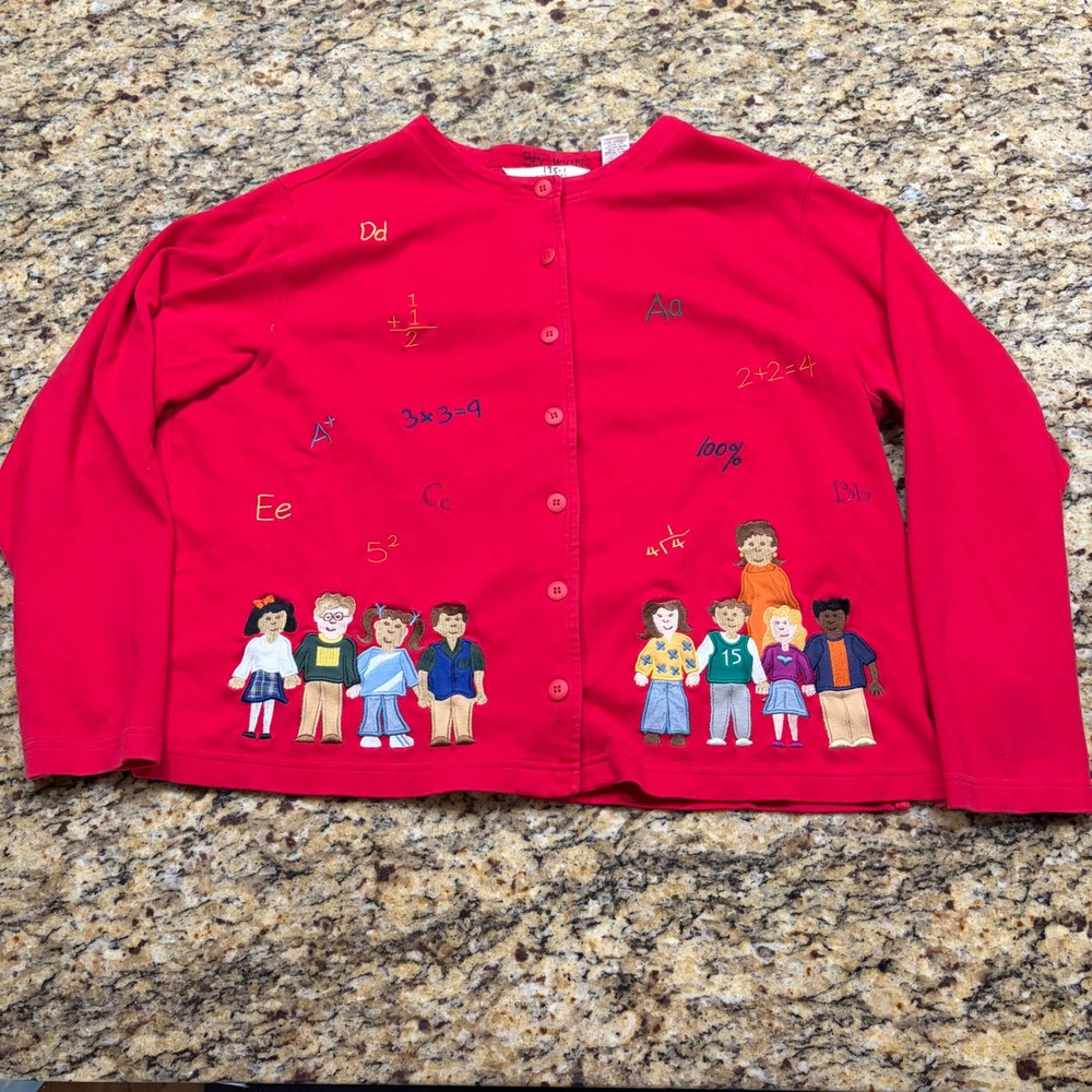 Bechamel Red Teacher School Embroidery Button Up Cardigan XL Cotton Novelty v
